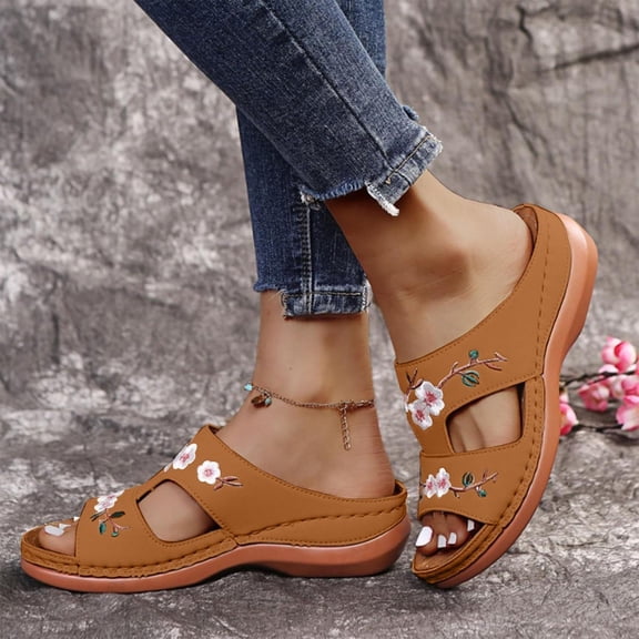 YOUYEDIAN Orthopedic Casual Sandals for Women Slip on Non Slip Arch Support Summer Flat Sandals Wide Width Walking Shoes 2026 Beach Orthopedic Shoes (Brown)