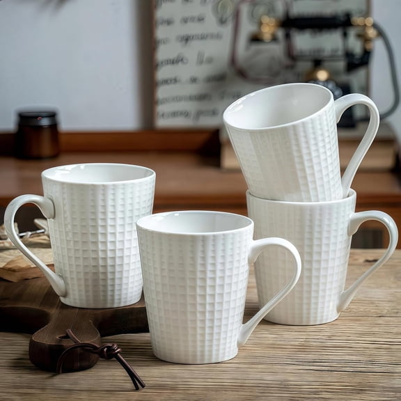 Coffee Mugs Set of 4, Elegant Embossed Ceramic Coffee Cups, 300ml/10oz White Porcelain Mug Set