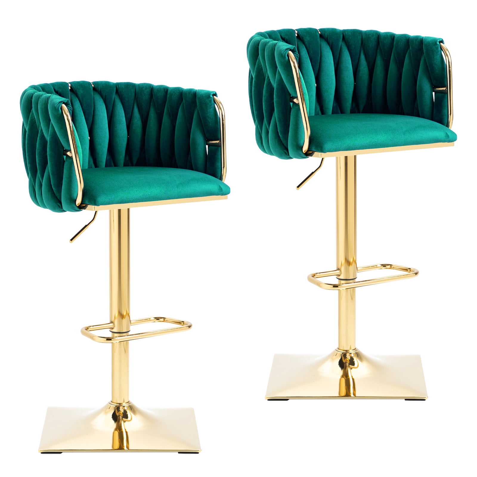 Homefun Velvet Bar Stools Set of 2,Modern Height Adjustable Swivel Barstools Counter Chairs with High Back & Gold Metal Base