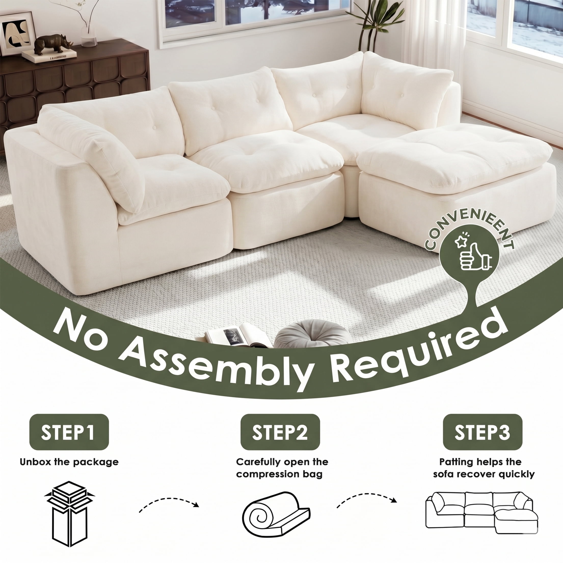 AISWORD Modular Sectional Sofa, Deep Seat Cloud Couch with Ottoman, 4-Seater Convertible L-Shaped Chenille Fabric Couch, Oversized Comfortable Frame-Free Set for Living Room, No Assembly, White