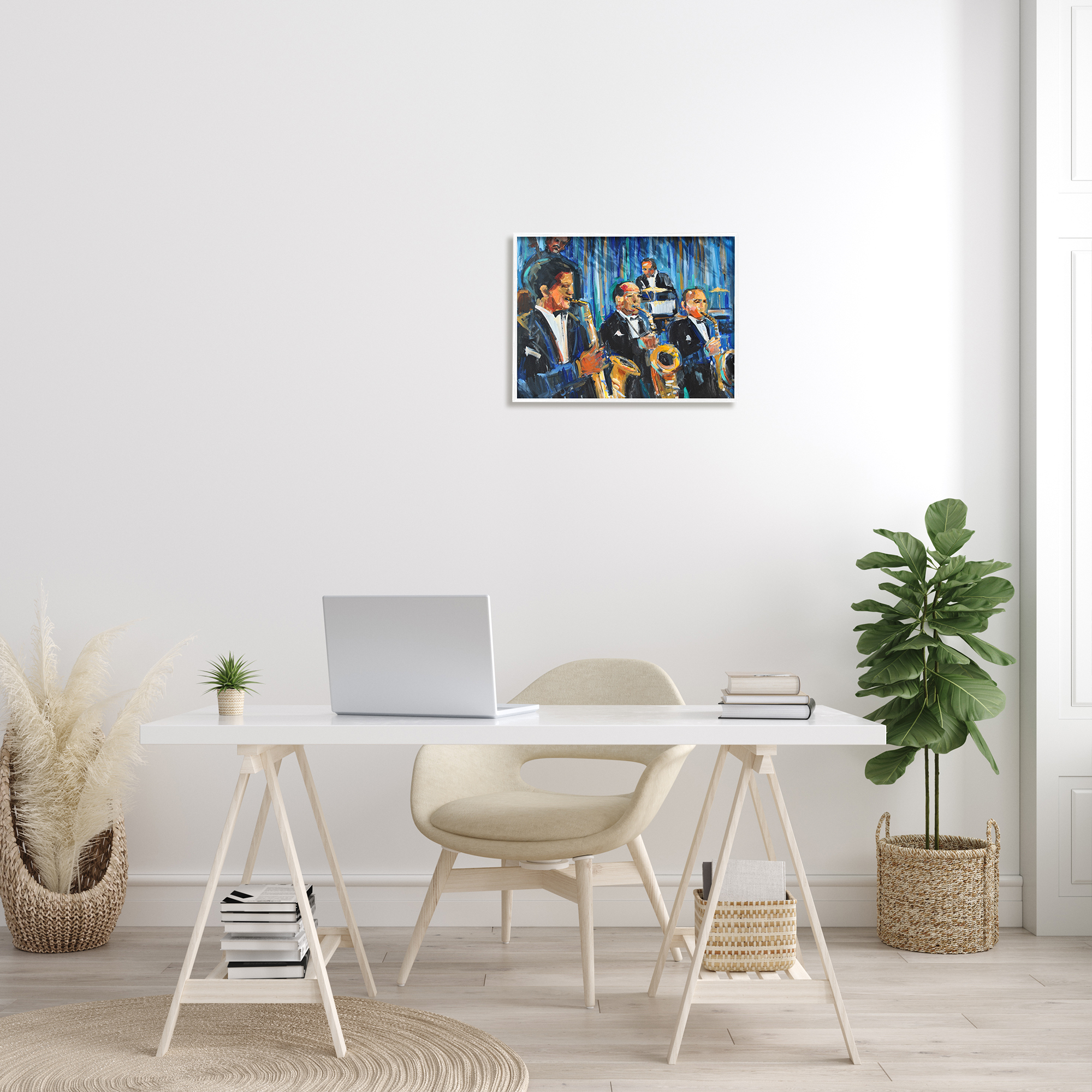 Stupell Industries Contemporary Saxophone Jazz Ensemble Expressive Musicians Beauty & Fashion Painting White Framed Art Print Wall Art, 16 x 20