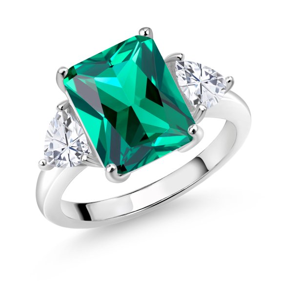 Gem Stone King 925 Sterling Silver Green Nano Emerald and White Moissanite 3 Stone Ring for Women (6.42 Cttw, Emerald Cut 12X10MM, Trillion 5X5MM, Available in Size 5,6,7,8,9)