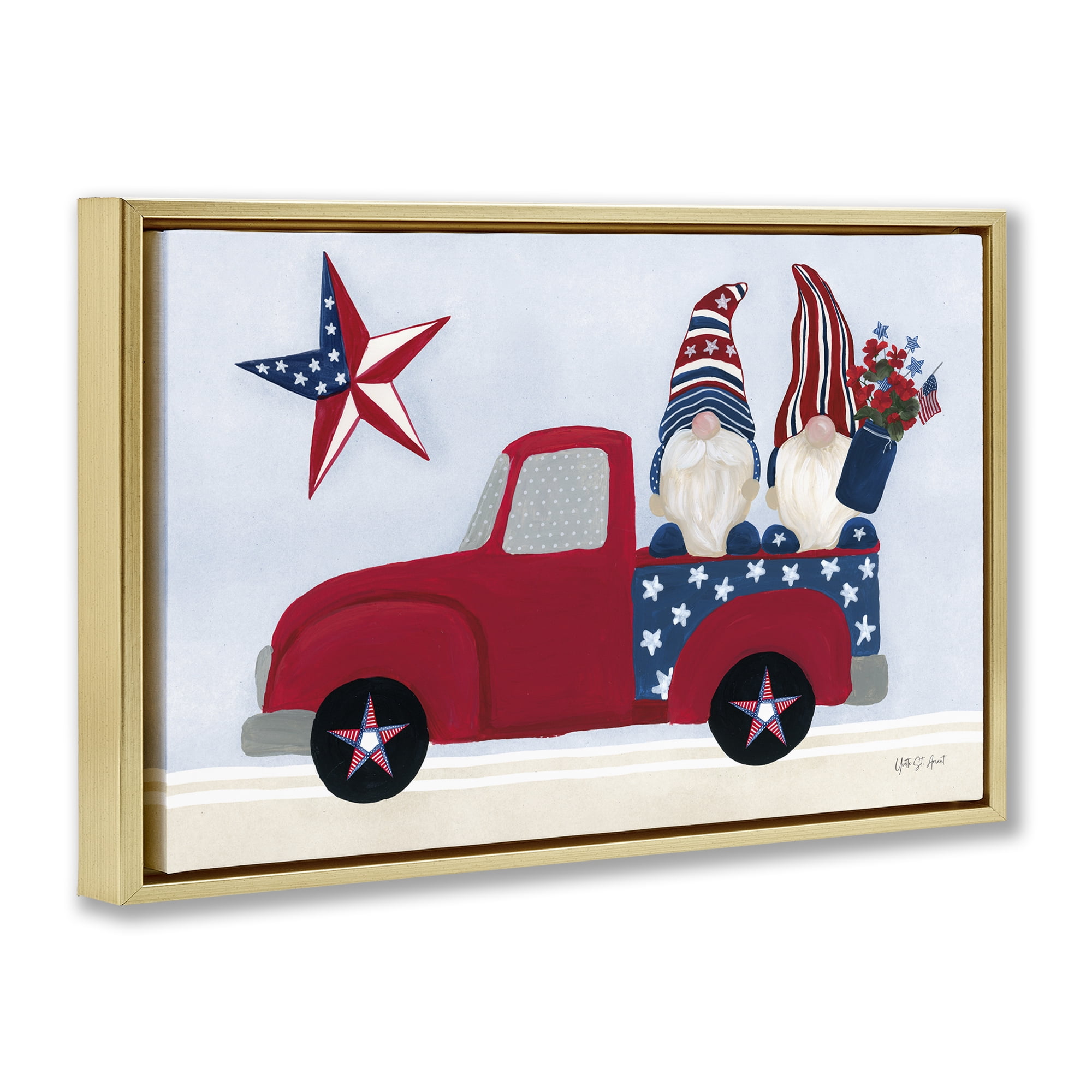 Stupell Industries Patriotic Gnomes in Truck Patriotic Painting Gold Floater Framed Canvas Art Print Wall Art, 25 x 17