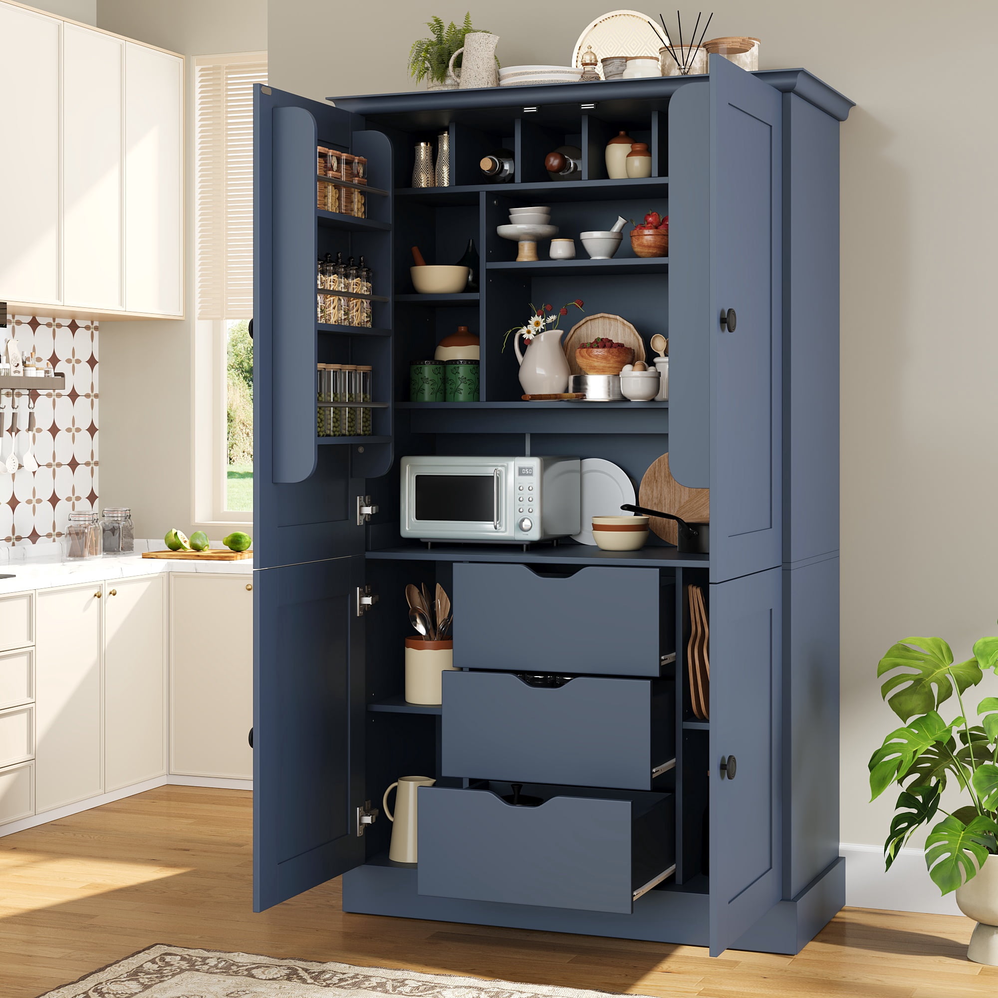 Euroco 70.9" Kitchen Pantry Cabinet with 3 Drawers, Farmhouse Tall Storage Cabinet with 6 Door Shelves, Removable Shelves and 6 Wine Racks,Freestanding Cupboard for Dining Room,Blue