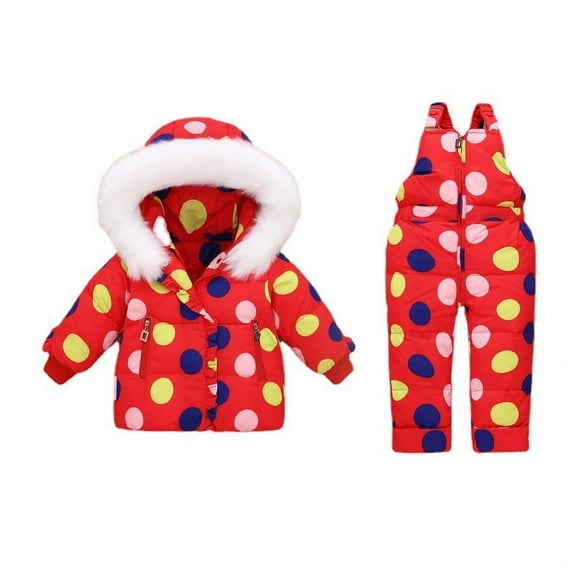 Jamicy Snow Suits for Toddlers Clearance Sales Baby Boys Girls Winter Snowsuit Two Piece Children Warm Hooded Down Jacket with Ski Bib Pants New Big Fur Collar Suit