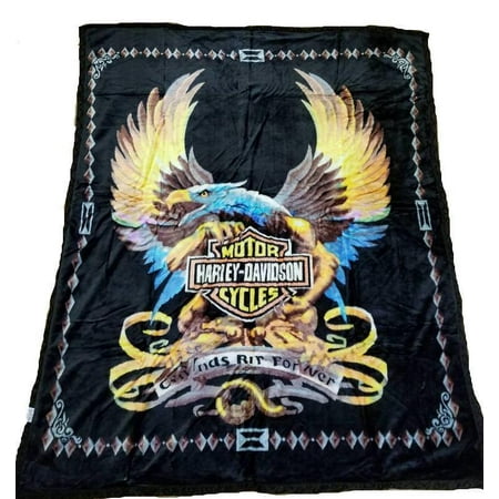 Harley Davidson Flaming Eagle Blanket NEW Mink Queen Size Double Side Plush Reversible Orange /