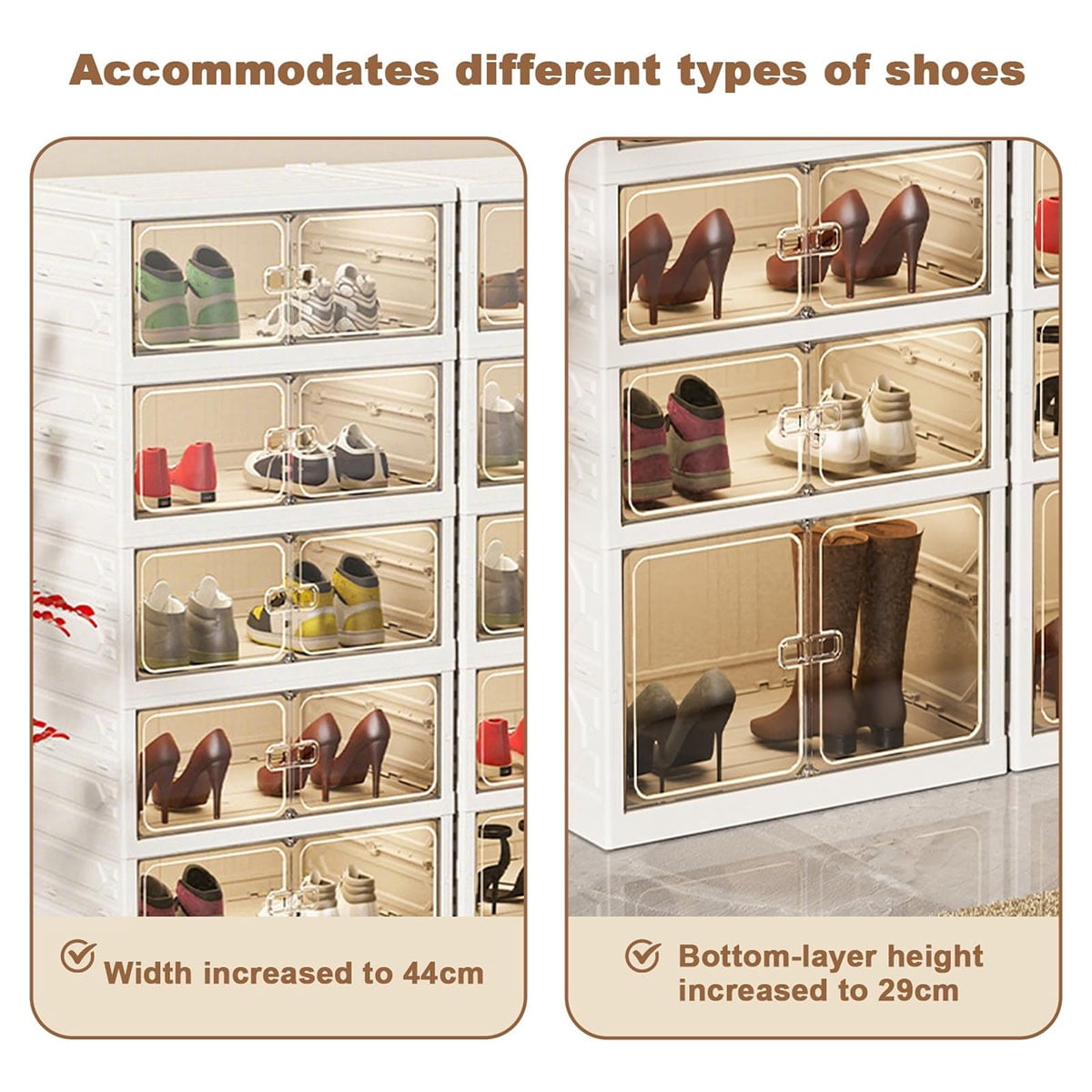 Foldable Storage Box, No Assembly Stackable Shoe Organizer Storage Bin With Magnetic Doors, Clear Collapsible Plastic Shoe Rack Shoe Cabinet