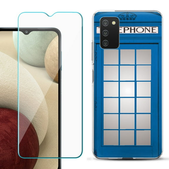 Slim-Fit TPU Fashion Phone Case for Samsung Galaxy A03s, with Tempered Glass Screen Protector, by OneToughShield ® - Phone Booth Blue