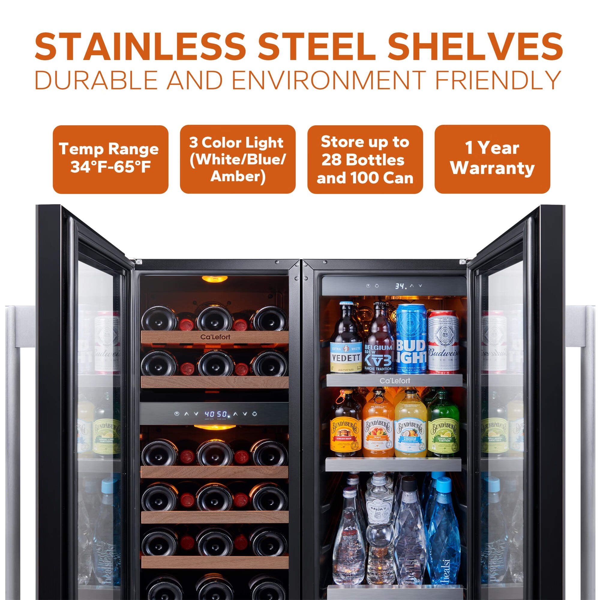 Ca'Lefort 30 Inch Wine Cooler Beverage Refrigerator, Hold 100 Cans and 28 Bottles Dual Zone Wine Fridge Freestanding & Built-in with Stainless Steel Frame for Kitchen Office