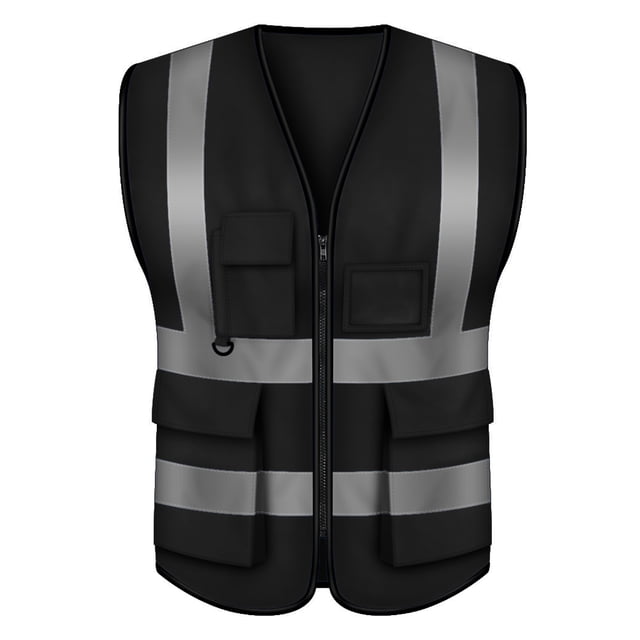 GOGO 5 Pockets High Visibility Zipper Front Breathable Safety Vest with Reflective Strips, Uniform Vest-Black-XXL