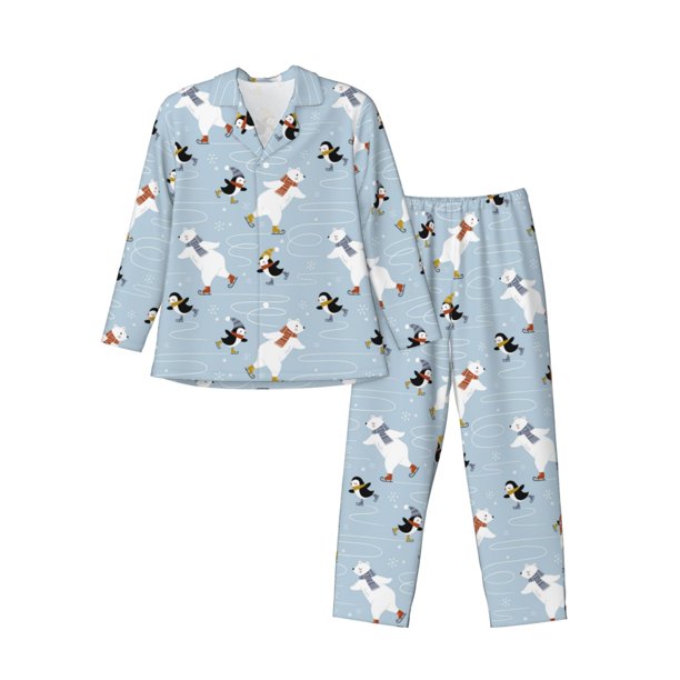 Balery Skiing penguin Bear Pijama para Hombre de Dos Piezas con Manga Larga, Conjunto de Dormir y Descanso Suave con Bolsillos-Medium