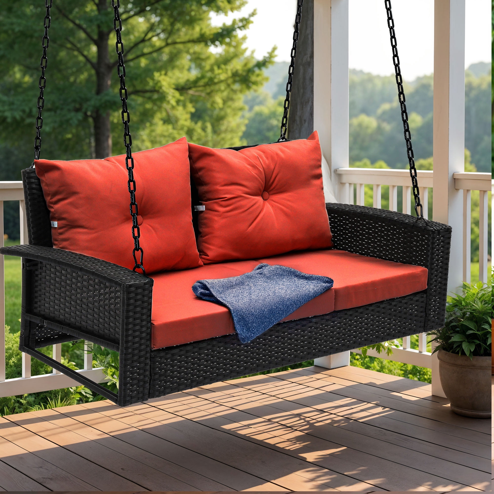 Uforic Dual-Seater Outdoor Swing Chair, Elegant Black Rattan Patio Lounge with Red Cushions and a Strong Capacity of 770lbs for Garden, Balcony, and Living Room