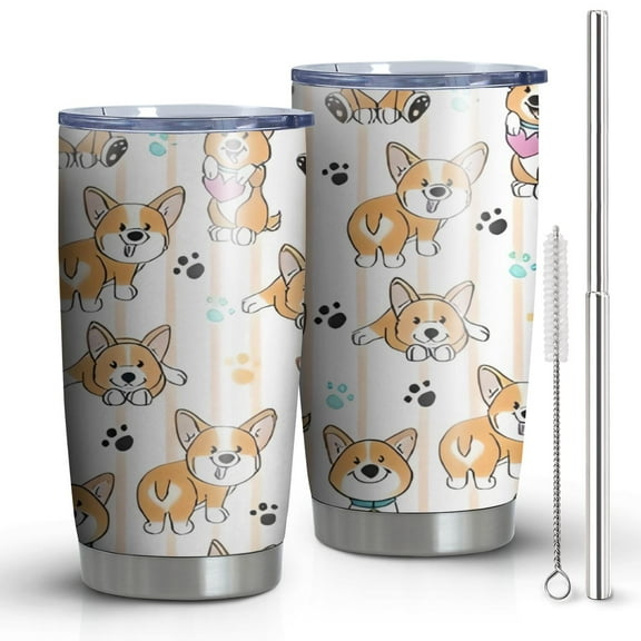 20oz Tumblers Cartoon Corgi Stainless Steel Vacuum Insulated Double Wall Travel Tumbler Cups Mug with Lid and Straw,Cleaning Brush for Cold & Hot Drinks