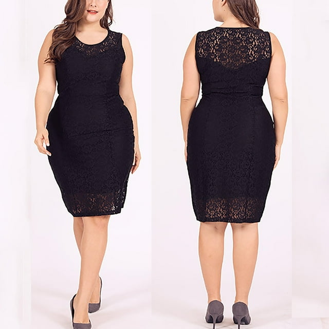 LSLJS Robe Décontractée Grande Taille Sans Manches à Col Rond en Dentelle Unie Hauteur Genou