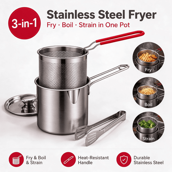 4-Piece Stainless Steel Fryer Pot Set with Basket, Lid and Food Tongs, Deep Fryer Pot with Oil Strainer and Pour Spout, Small Stove Top Fryer for Home Kitchen