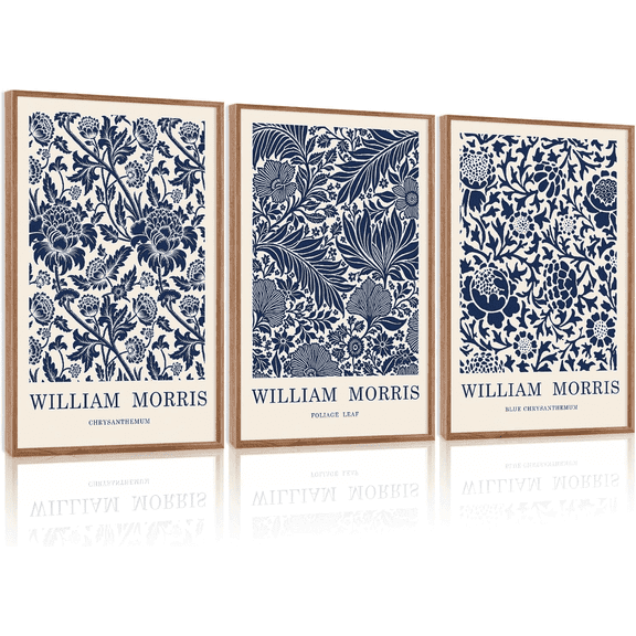 16”X24”X3 WILLIAM MORRIS Blue and White Picture Wall Decor,Vintage Wall Art Flowers Theme,Neutral Navy Blue White Tones Framed Prints,Scandinavian Cream Canvas Decor,Boho Botanical Art for Home