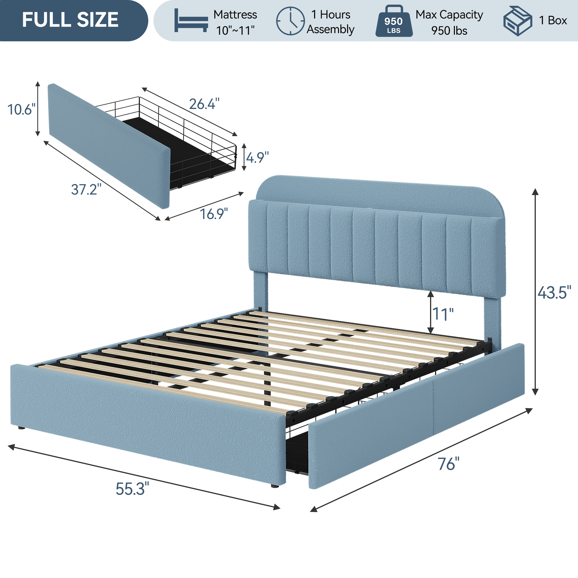 FULL Platform Bed with Bookcase Headboard & Drawers – Modern Boucle Upholstered Frame, No Box Spring, Easy Assembly Bedroom Furniture