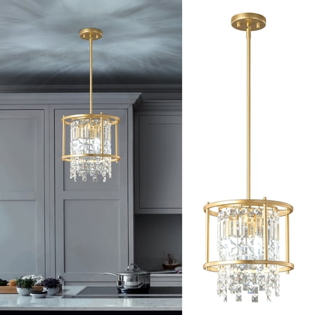Deyidn Modern Foyer Chandelier, Gold Crystal Chandelier Entryway Pendant Light Fixture, Round Adjustable Height Chandeliers for Kitchen Island, 11.81"