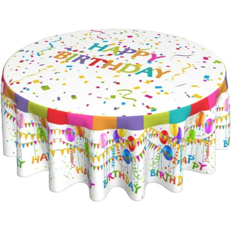 

Happy Birthday Round Tablecloths Colorful Flags Balloons Coloured Ribbon Decorative Tablecloth 60 Inch Washable Wrinkle Resistant Table Cover for Home Kitchen Dining Room Birthday Party