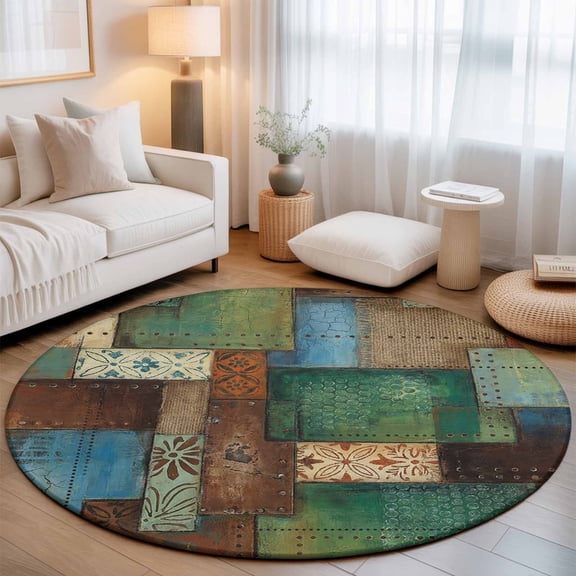 Round Area Rugs 4Ft, Color Block Boho Non-Slip Washable Circle Rugs Carpet, Geometric Vintage Botanical Indoor Outdoor Rug Floor Mats Throw Runner for Bedroom Living Room Bathroom
