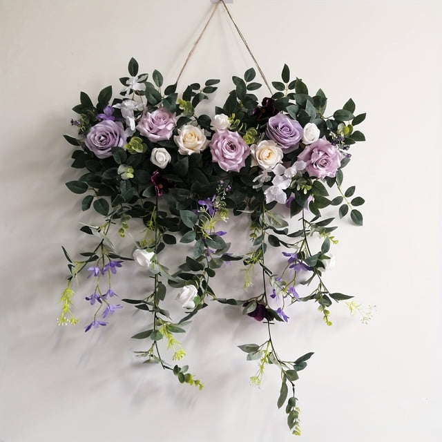 Tong Floral Wall Hanging Purple And White Roses With Leaves Trailing Vines