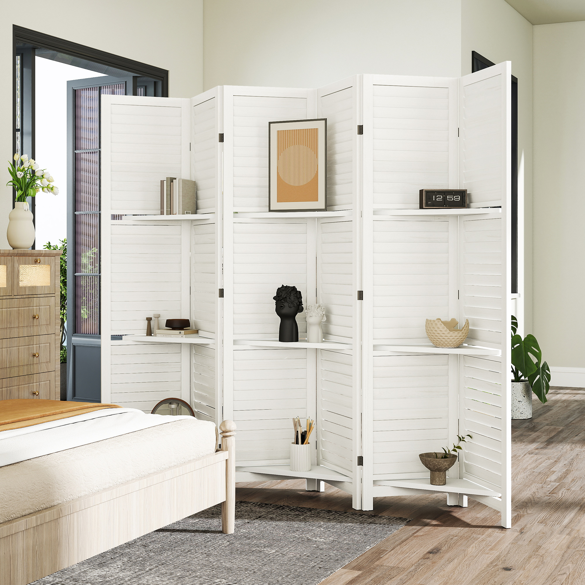 HOMCOM 6 Panel 67" Tall Wood Privacy Screen Room Divider with 3 Display Shelves, and Folding Storage for Bedroom or Home Office, White
