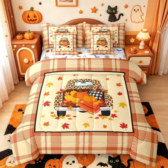 Manfei Leopard Print Farm Car 7-Piece Twin Bedding,Autumn Maples Leaf Bedding Comforter Set,Halloween Reversible