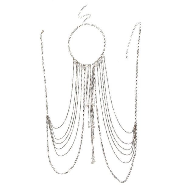 Cadena para el cuerpo Collar de borlas de plata en capas Joyería de moda Sujetador de cintura para el vientre Bikini caliente Arnés de playa Regalo del festival de aniversario para mujeres D