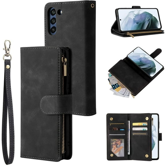 Wallet Case for Samsung Galaxy S21 FE, Premium Vintage PU Leather Magnetic Closure Handbag Zipper Pocket Case Kickstand Card Holder Slots with Wrist Strap TPU Shockproof Flip Case - Black