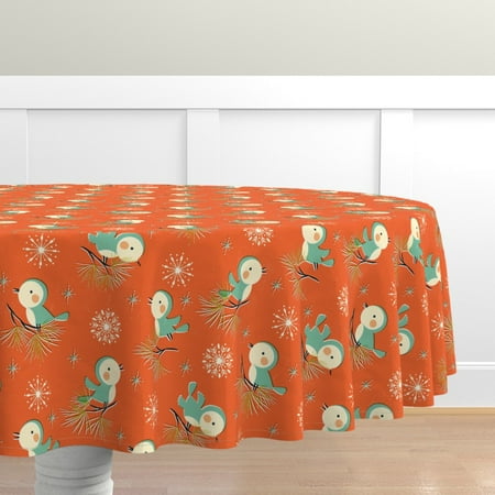 

Cotton Sateen Tablecloth 70 Round - Vintage Christmas Circus Bird Snowflake Mid Century Retro Holiday Bright Birds Aqua Print Custom Table Linens by Spoonflower