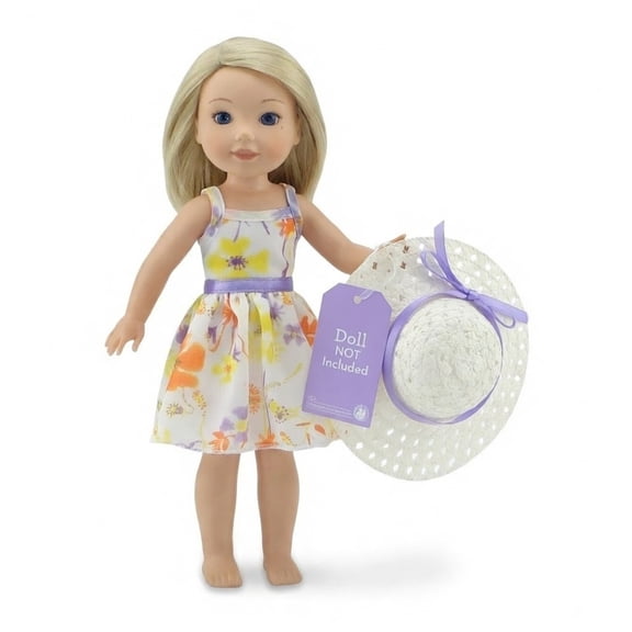 Emily Rose Doll Chiffon Dress Outfit Set 2 Piece with White Hat Floral Pattern for 14.5 Inch Dolls Wellie Wishers Compatible