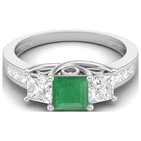 2.11 Cts Square Cut Halo Three Stone Emerald Gemstone 925 Sterling Silver Women Valentines Day Gifts Ring