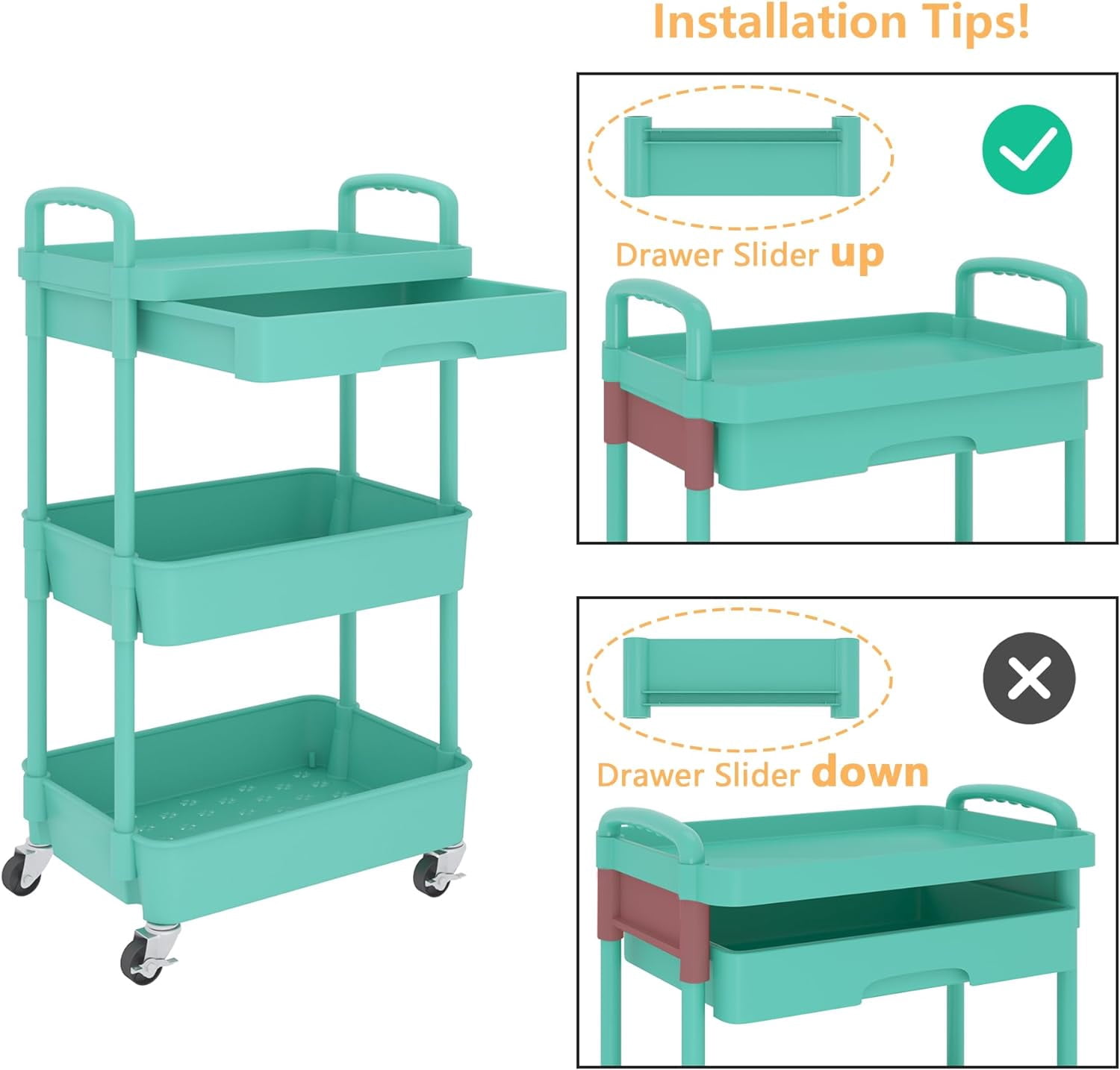 3-Tier Rolling Utility Cart with Drawer,Multifunctional Storage Organizer with Plastic Shelf & Metal Wheel,Storage Cart for Kitchen,Bathroom,Living Room,Office,Green
