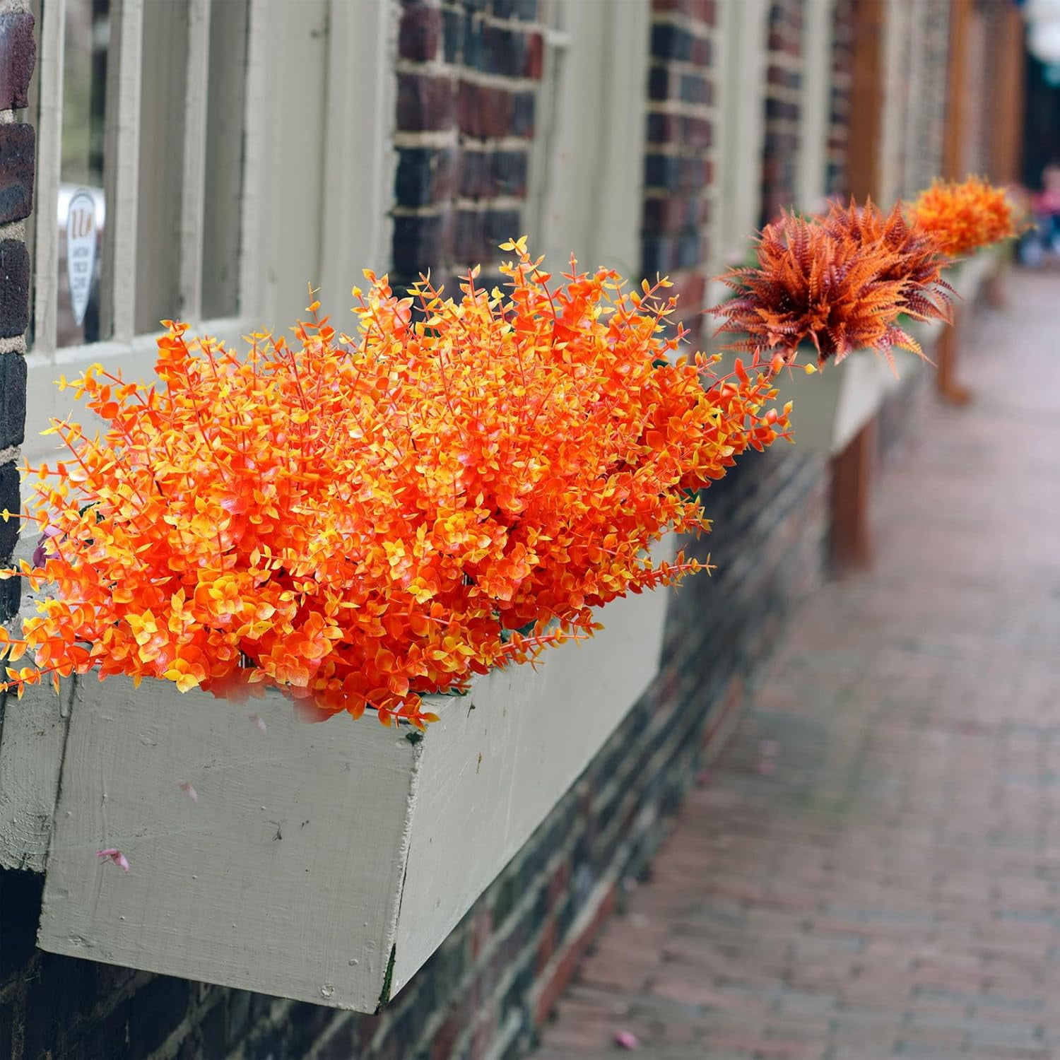 18Pcs Artificial Fall Flowers Plants for Outdoor Autumn Decoration, UV Resistant Plastic Plants, Faux Boston Fern & Eucalyptus Bulk for Garden, Patio, Window Box Decor