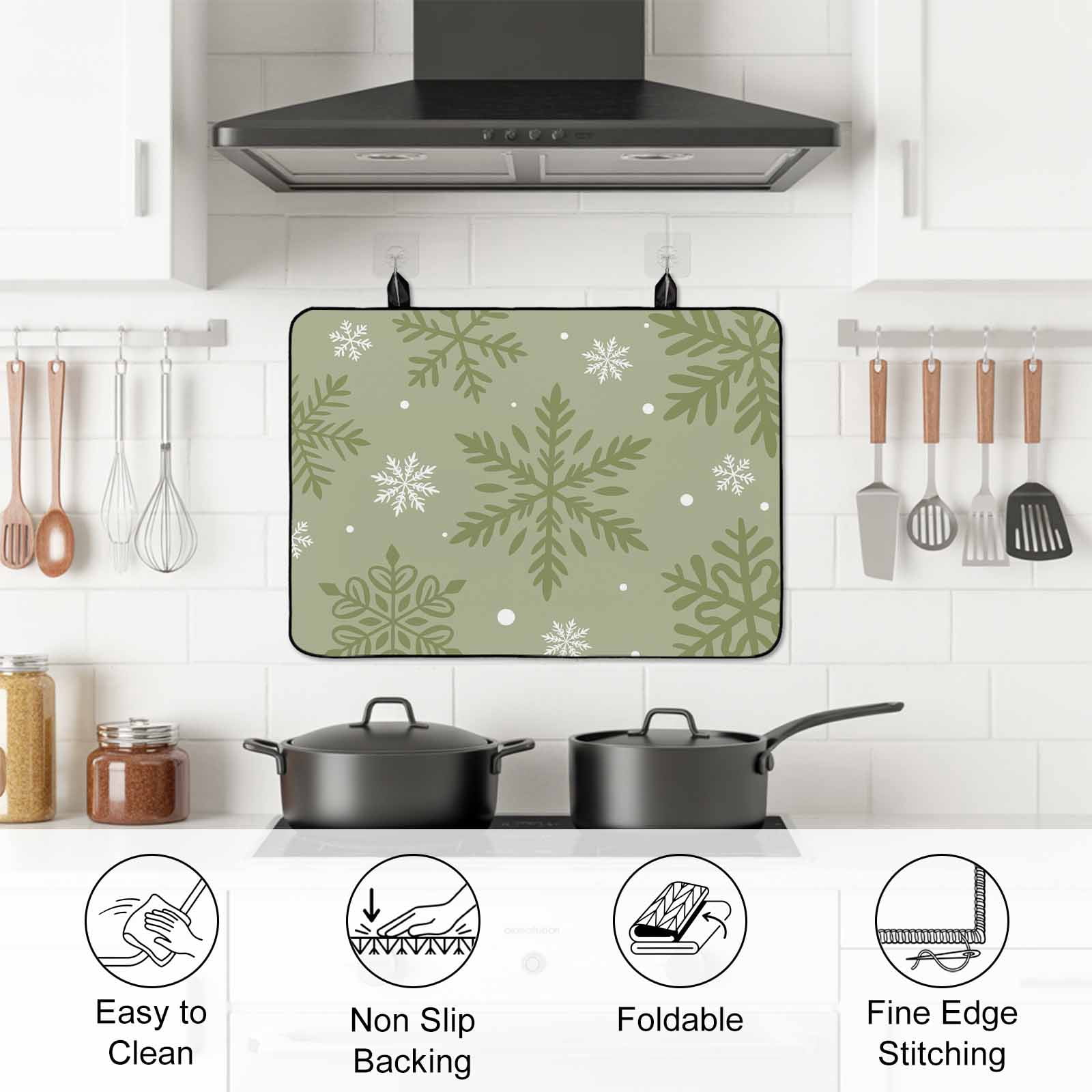 Sage Green Christmas Stove Top Cover for Electric Stove, Heat-proof & Non Slip Glass Top Stove Cover Protector, Winter Xmas Snowflakes Textured Kitchen Flat Cooktop Rubber Mat 24x21 Inches