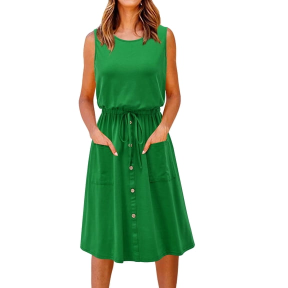 Aoujea Boho Dresses for Women Casual Solid Color Crewneck Sleeveless Button Loose Dress with Pocket Sleeveless Dresses for Women 20$ & Under Dress