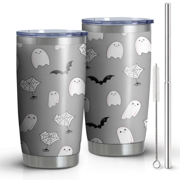Halloween Theme 20oz Stainless Steel Tumbler - Ghost Witch Pattern Insulated Cup with Straw for Commuters and Drivers