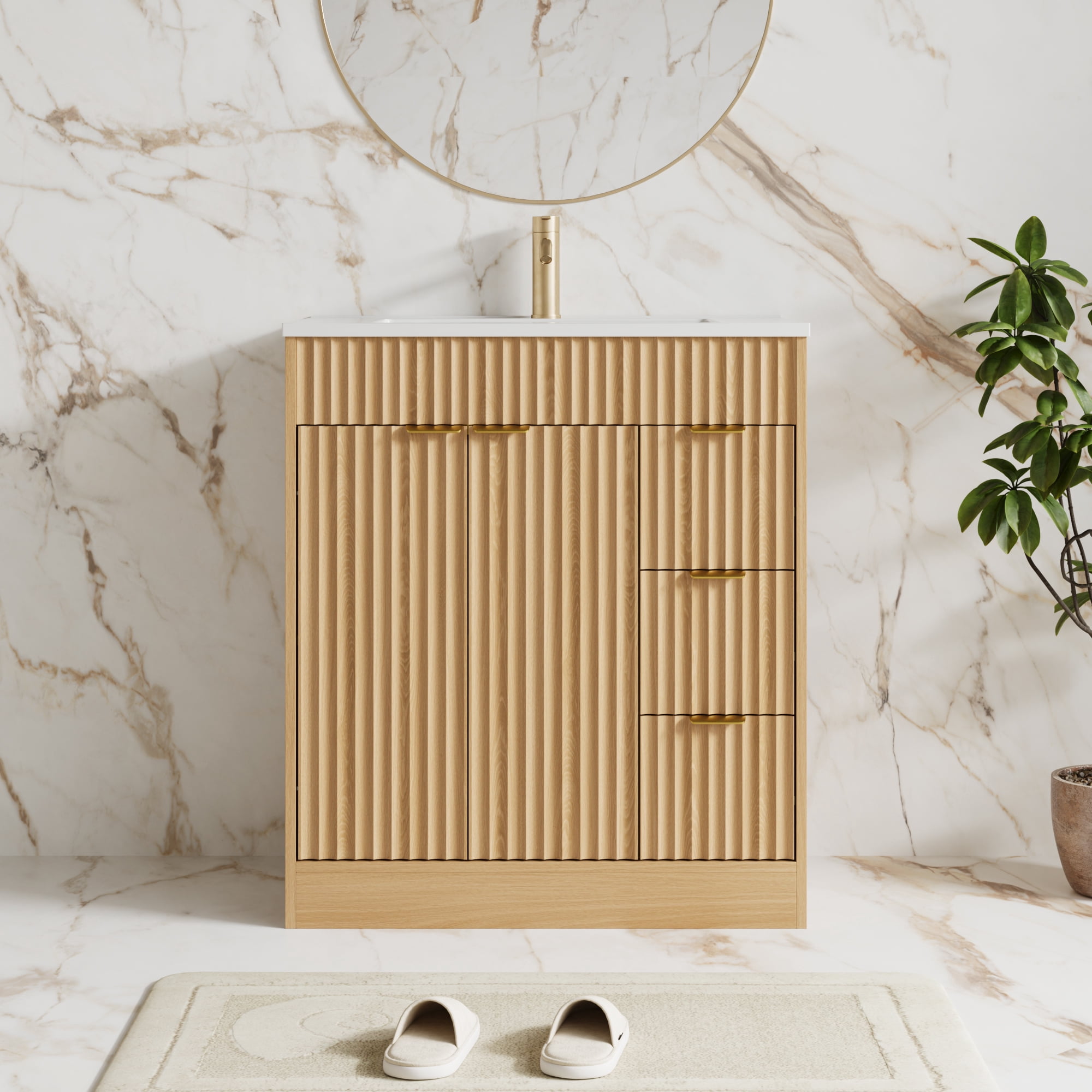 ASTUVIA 30" Fluted Bathroom Vanity Cabinet with 3 Drawers,Bathroom Vanity with Sink and Soft-Close Doors,Freestanding Small Bathroom Sink Cabinet,OAK