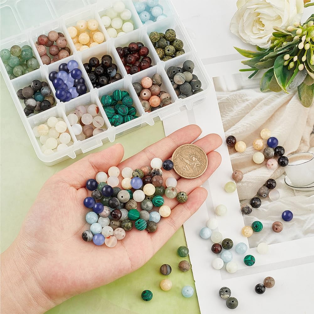 375 Pcs 15 Styles Natural Gemstone Beads, 8mm Mixed Stone Spacer Beads Natural Round Loose Beads Engry Crystals Gemstone Beading for DIY Bracelet Necklaces Jewelry Making