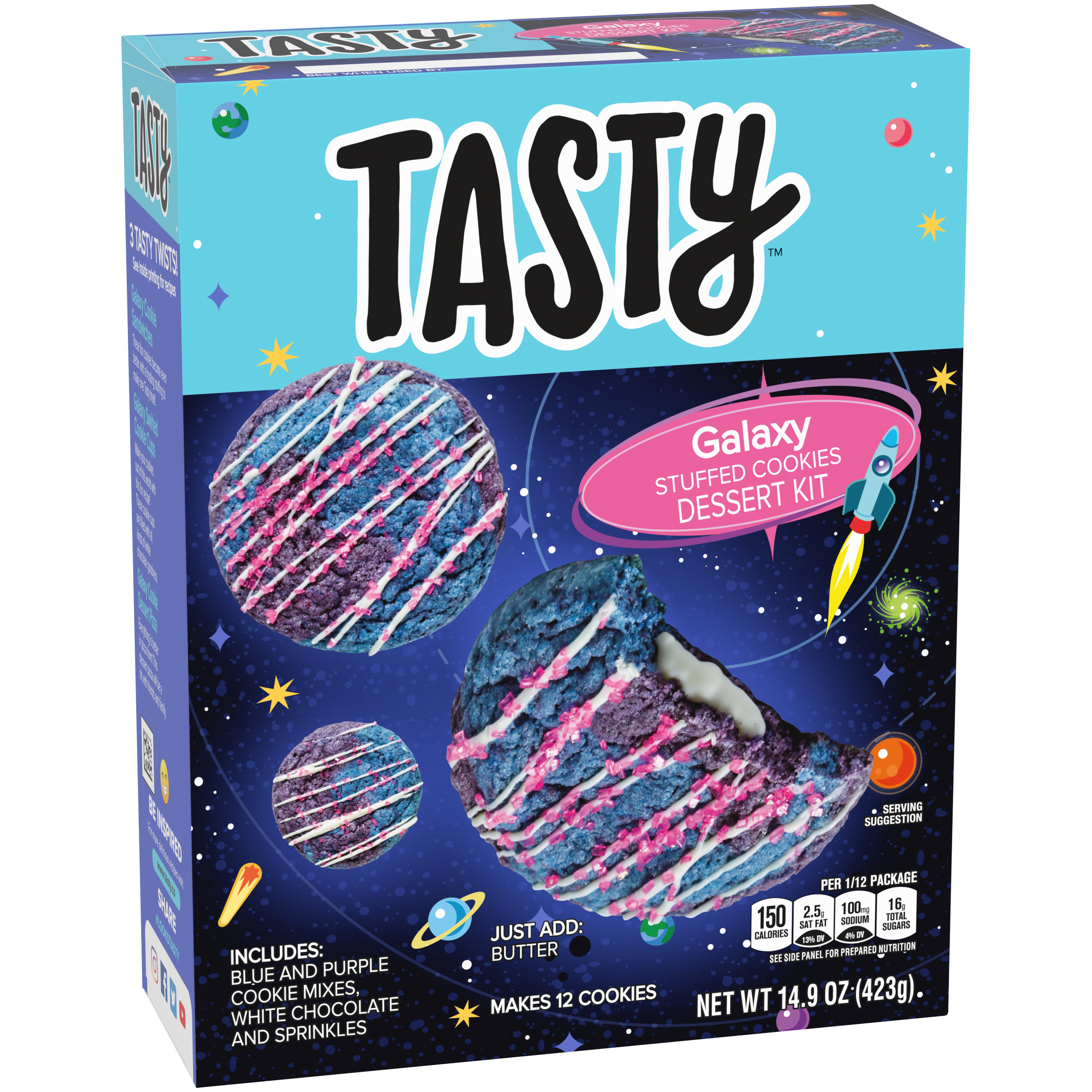 Tasty Galaxy Stuffed Cookies Dessert Kit with Blue & Purple Cookie Mixes, White Chocolate & Sprinkles, 14.9 oz Box