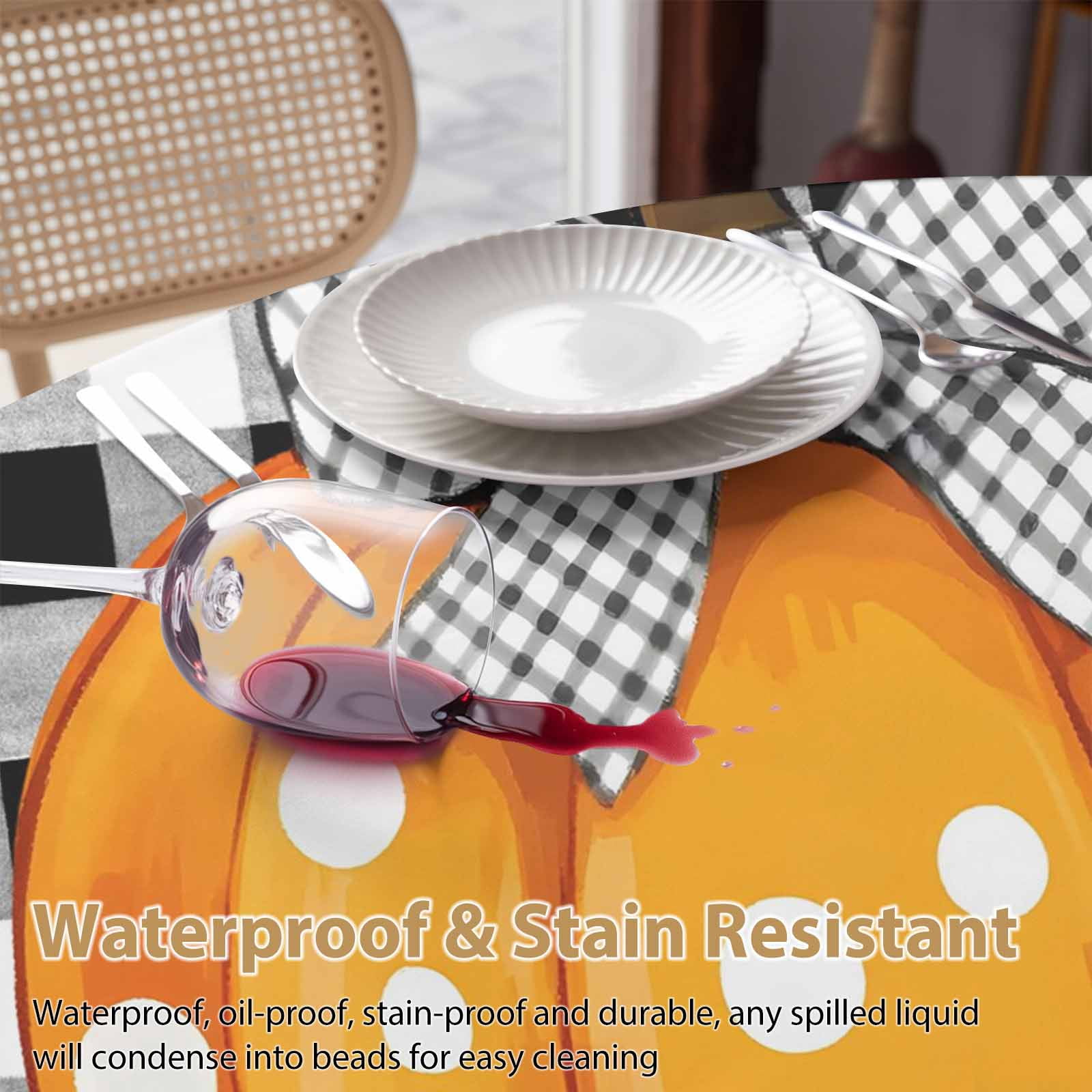 Round Tablecloth Fall Thanksgiving Waterproof Oil Proof Polyester Table Cloth Cover Decor for Home Dining Outdoor,Patio,Parties, 54" Dia. Farmhouse Pumpkins Black Whtie Plaid