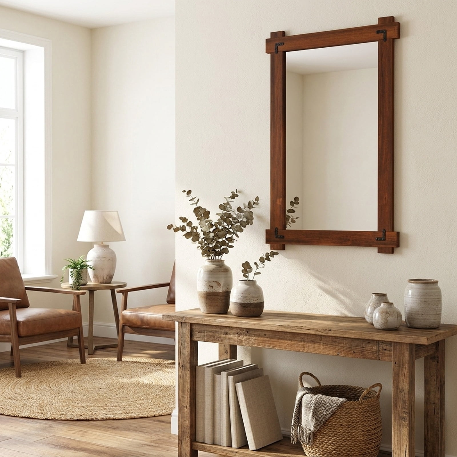 Vebreda Bathroom Wall Mirror, Wood Framed Mirror with Acacia Wood Frame and Vintage Rivet Design Brown, Ample Storage, Zero Clutter