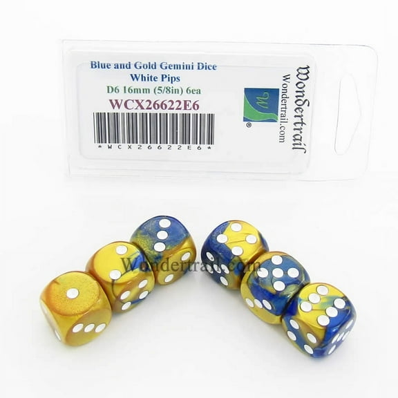Blue and Gold Gemini Dice with White Pips D6 16mm (5/8in) Pack of 6 Wondertrail