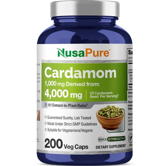 NusaPure 4000mg Cardamom Extract, 200 Vegetarian Capsules for Optimal Health, Non-GMO & Gluten-Free, Dietary Supplement for Unisex Adult Health & Wellness