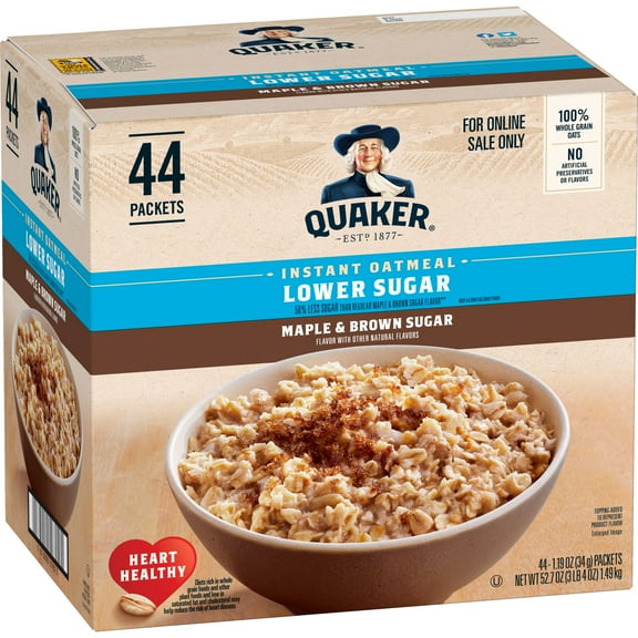 Quaker Instant Oatmeal, Lower Sugar, Maple & Brown Sugar, 1.19 oz Packets, 44 Packets