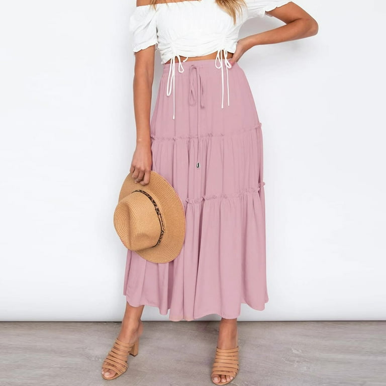 2024 Fashion New Women S Elastic High Waist High Waist Skirt Boho Maxi Skirt Ruffle Neon Skirt A Line Swing Long Jean Skirts for Women Knee Length Skirts discounted price Walmart