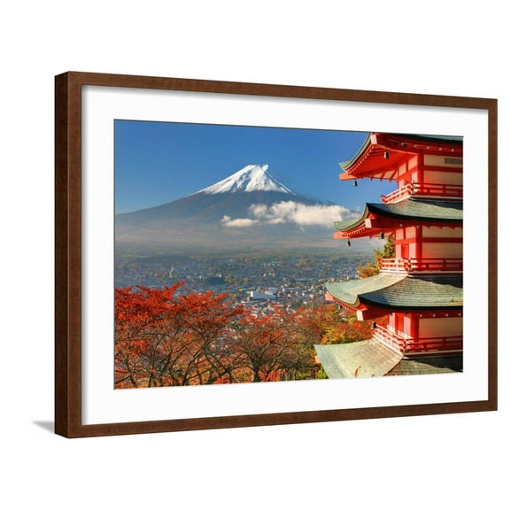 Art.com Mt. Fuji Viewed From Behind Chureito Pagoda Art Print by SeanPavonePhoto, Brown Frame Wall Art, 29" x 21"