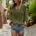thumbnail image 5 of Elwylmiz Women's 3/4 Sleeve Tops Lace Up V Neck Blouses Boho Ruffled Trim Loose Fit Casual Shirts Summer Fall Outfits, 5 of 7