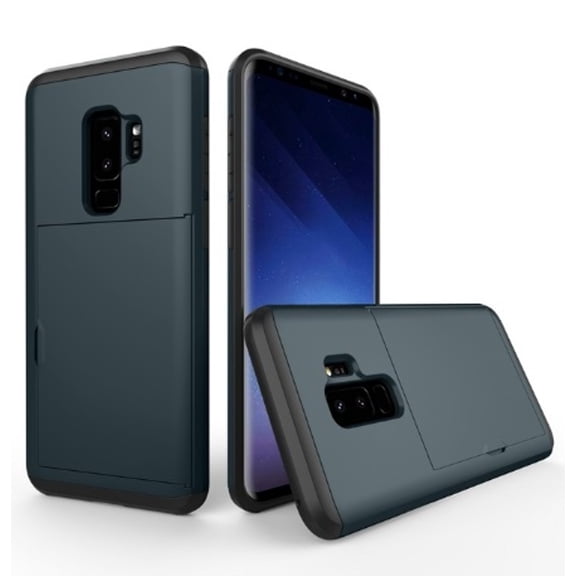 Card Slot Holder Wallet Samsung Galaxy S9 Case - (Blue) Dual Layer Shockproof with Heavy Duty Protection