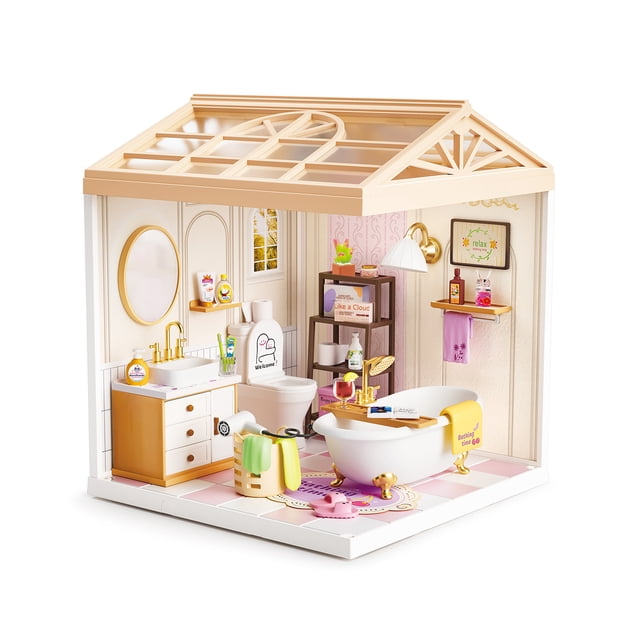 Juguete Casa en Miniatura Baño con Bañera, Muebles, Accesorios y Efecto de Luz Nocturna